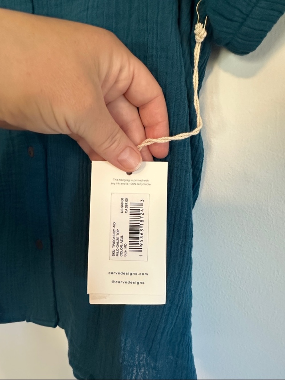 Carve Designs Teal Button-Front V-Neck Puff Sleeve Blouse - Picture 2 of 5